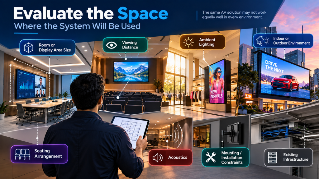 AV solution evaluation for commercial spaces, including viewing distance, display area size, ambient lighting, seating arrangement, acoustics, mounting constraints, existing infrastructure, and indoor or outdoor digital signage requirements.