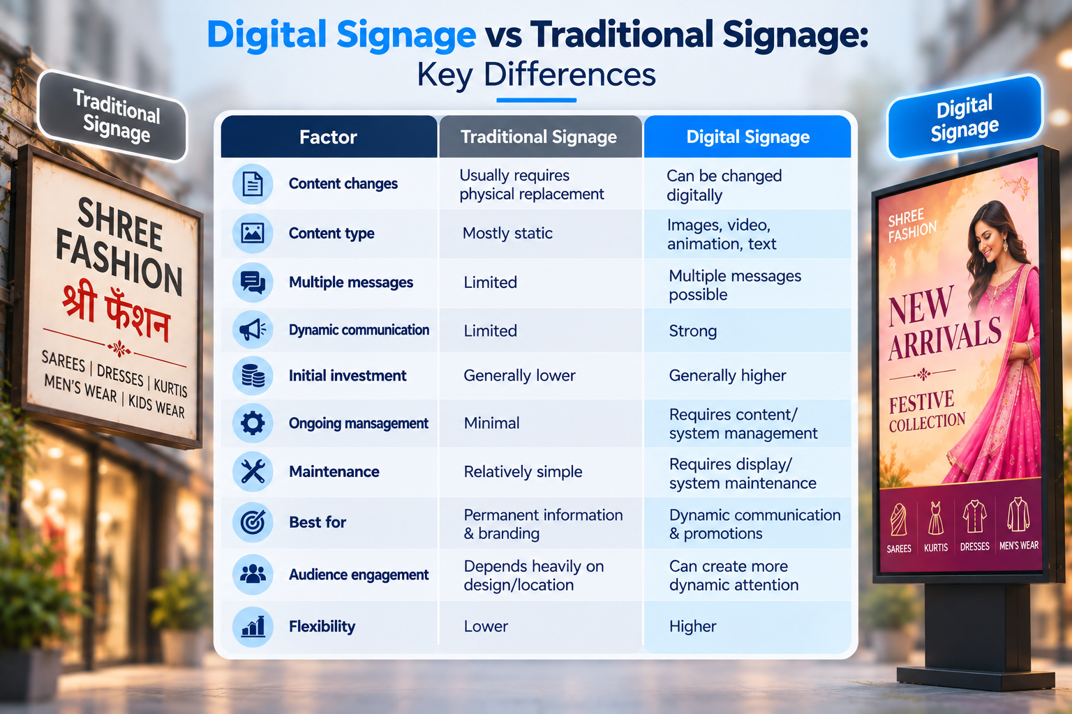 Digital signage vs traditional signage comparison for businesses, highlighting differences in content updates, display types, maintenance, cost, audience engagement, flexibility, and promotional capabilities for retail stores.